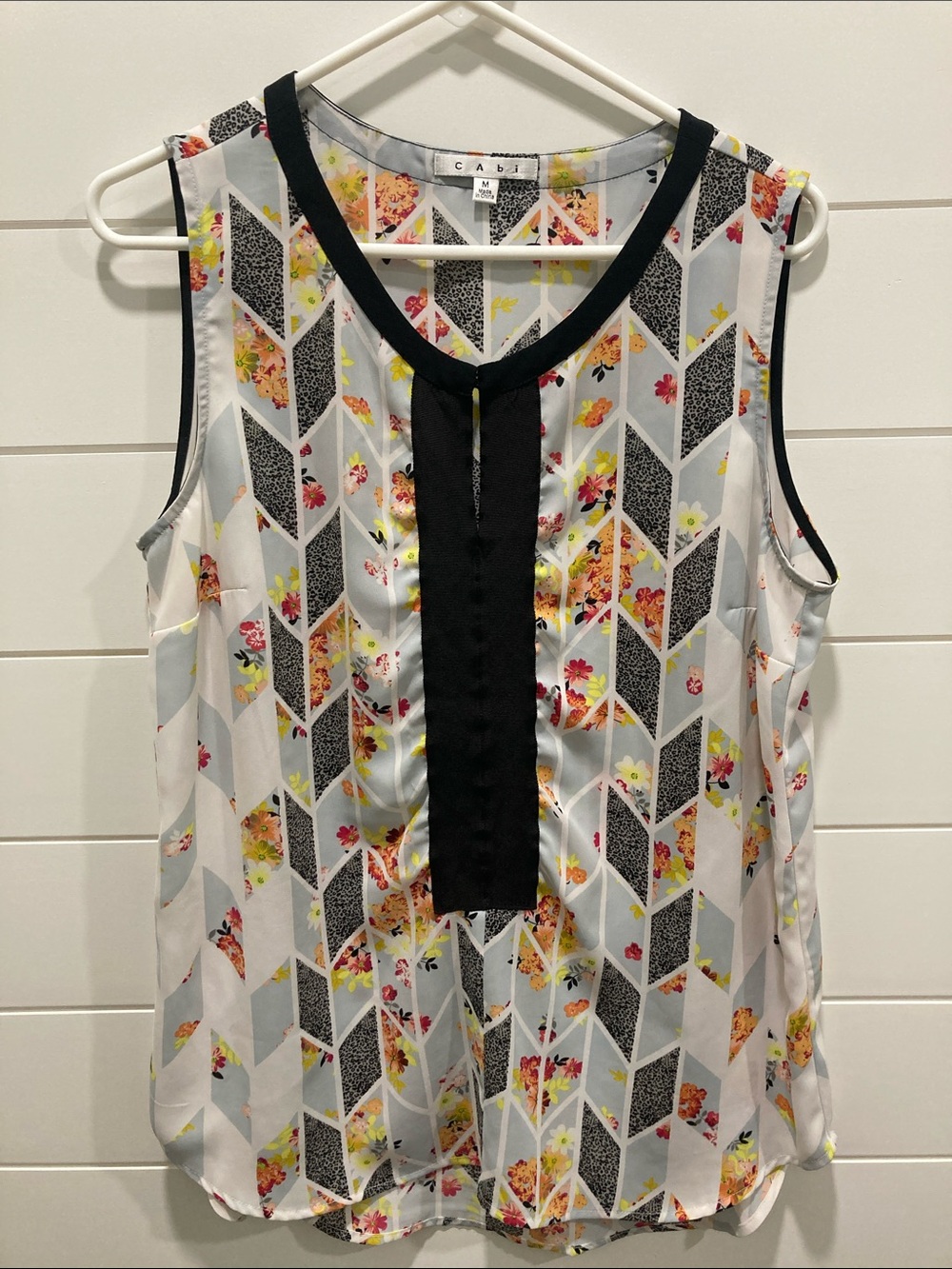 Cabi Grosgrain Ribbon Blouse Geometric Floral Tunic Top - Size M-Style 249-EUC